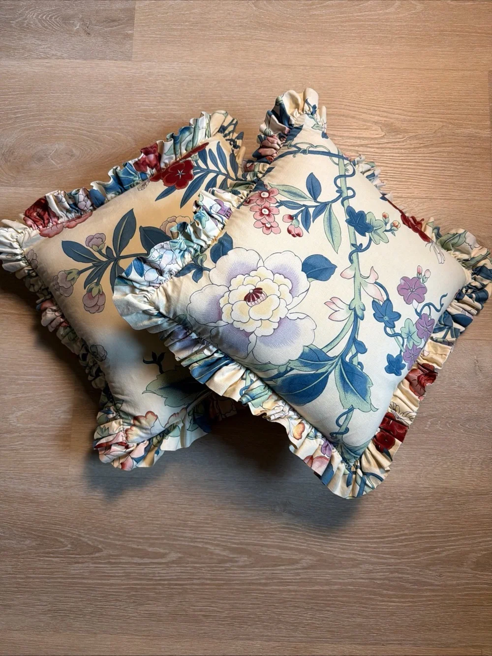 Vintage Handmade Waverly Style Floral Throw Pillows Cottagecore Shabby Ruffled